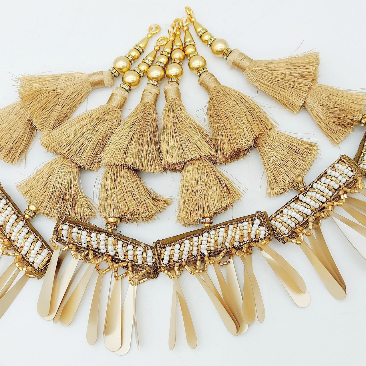 Gold Tassels With Long Gold Sequins And White and Gold Seed Pearl Beads, Beaded Thread Tassel Charms, 2 Pcs