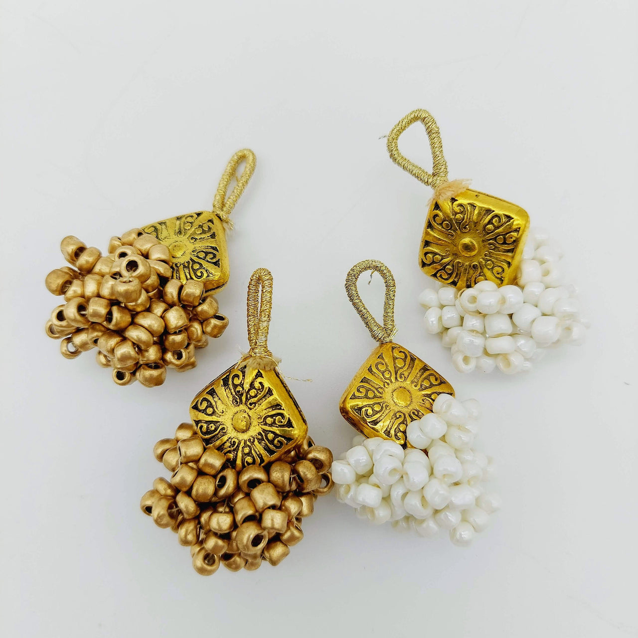 Gold Engraved Diamond Charm With Flatback, Beaded Tassels Latkan, Indian Latkans