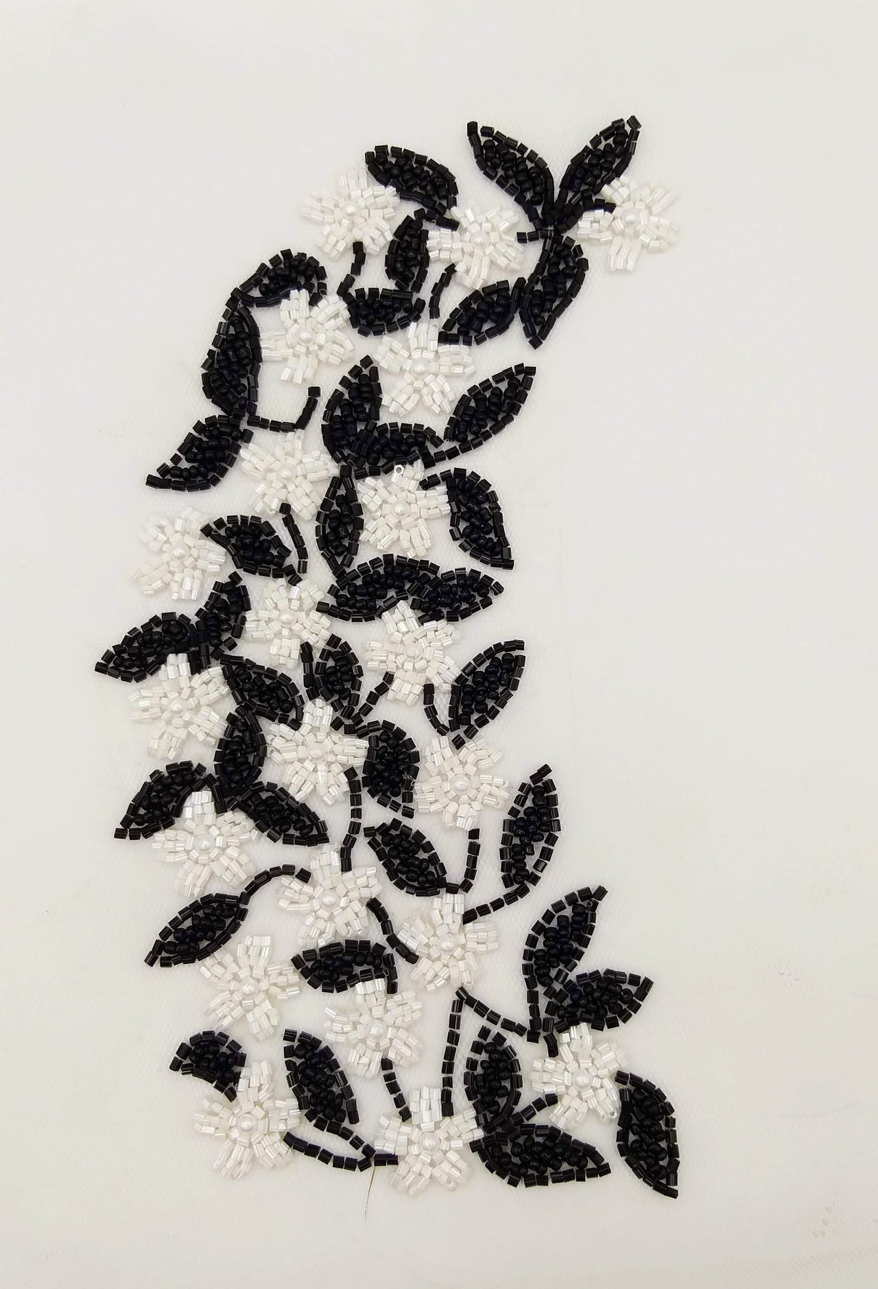 Black And White Hand Embroidered Beaded Floral Applique, Beaded Floral Motif, 1 Pc