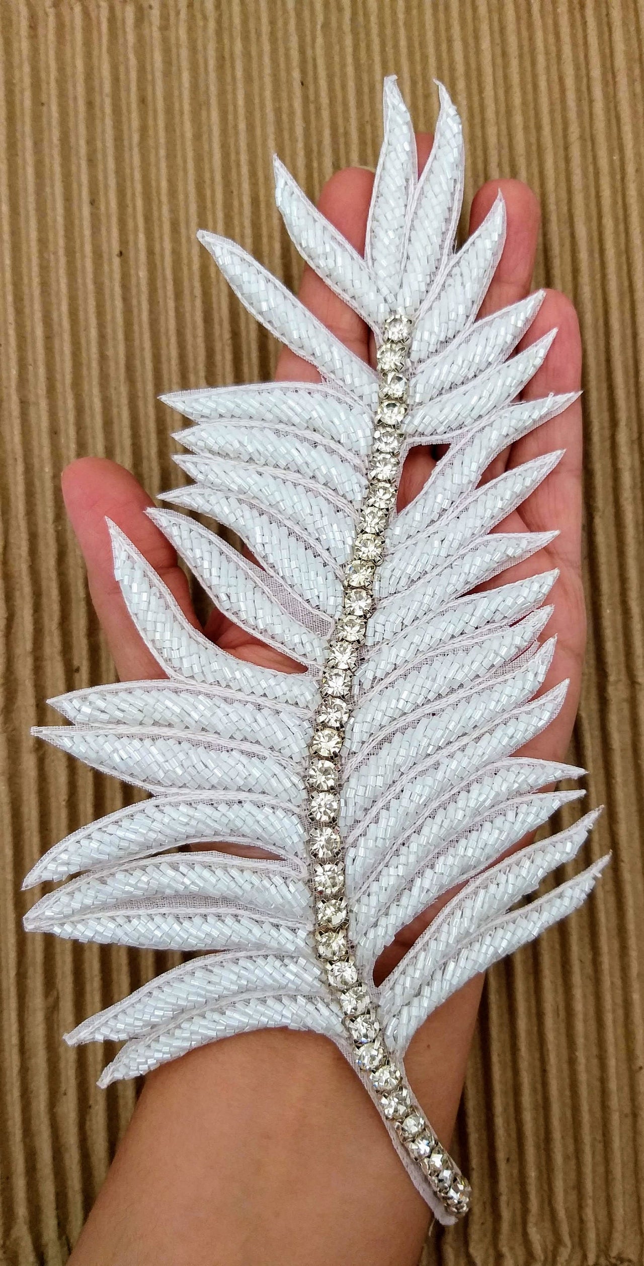 White Hand Embroidered Leaf Applique, Beaded Leaf Motif, Cutwork Applique