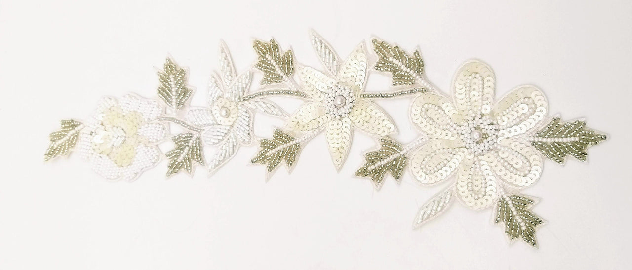 White Floral Applique Hand Embroidered with White Sequins, White Beads, Bugle Beads and Silver Beads