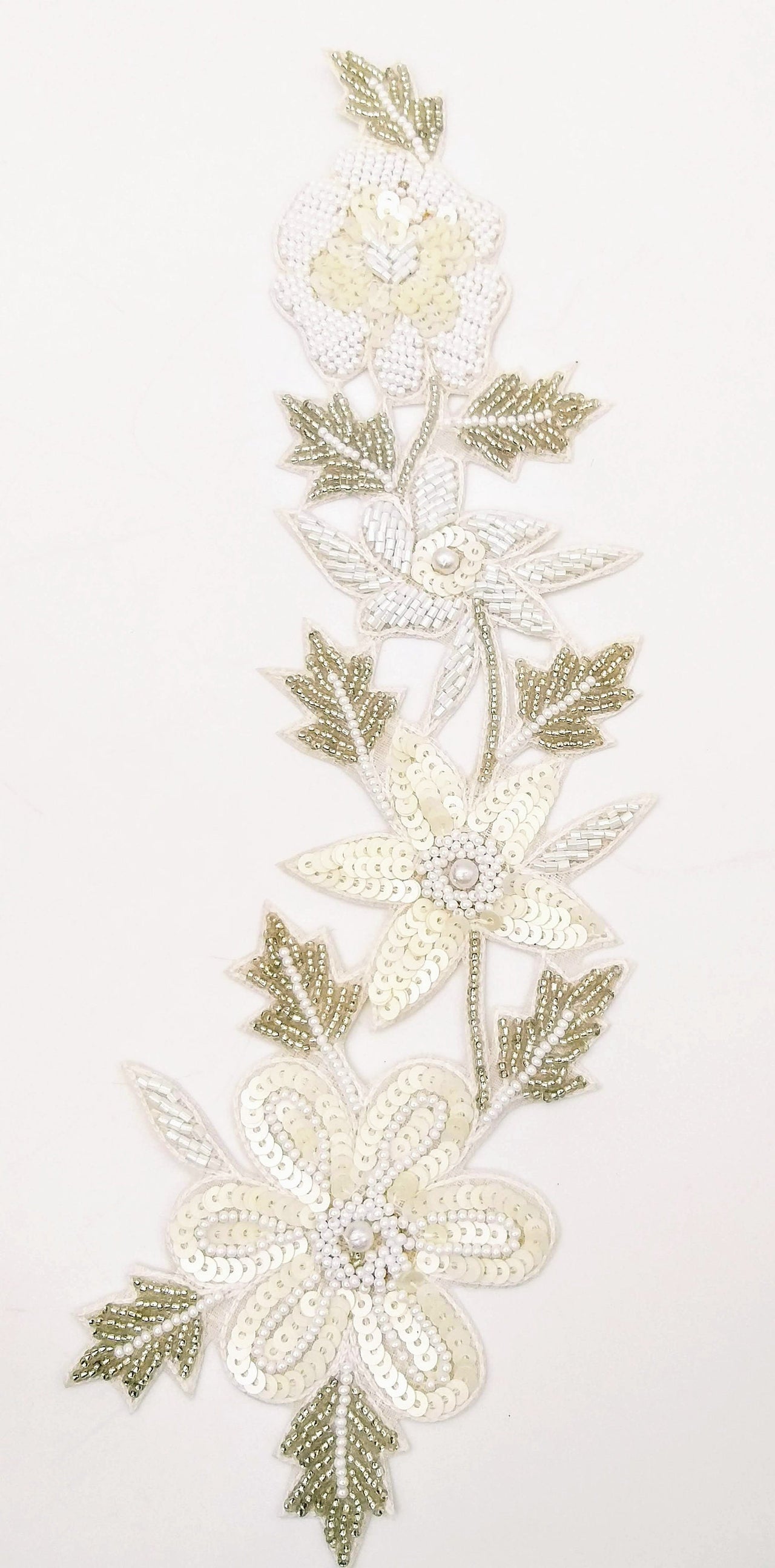 White Floral Applique Hand Embroidered with White Sequins, White Beads, Bugle Beads and Silver Beads