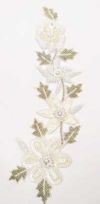 Thumbnail for White Floral Applique Hand Embroidered with White Sequins, White Beads, Bugle Beads and Silver Beads