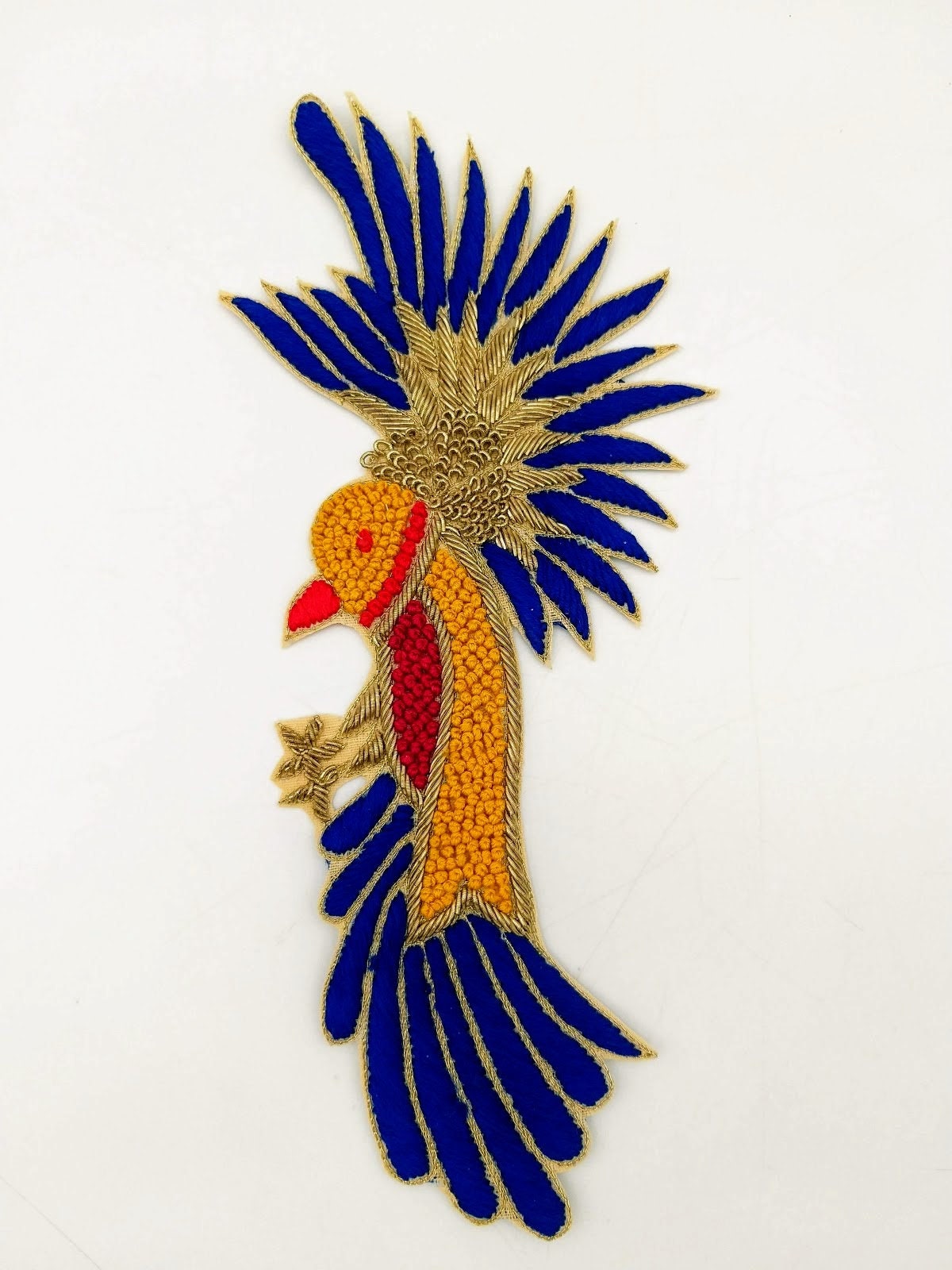 Hand Embroidered Bird Applique With Yellow, Blue and Red Embroidery With Antique Gold Zardozi Work, Bird Applique