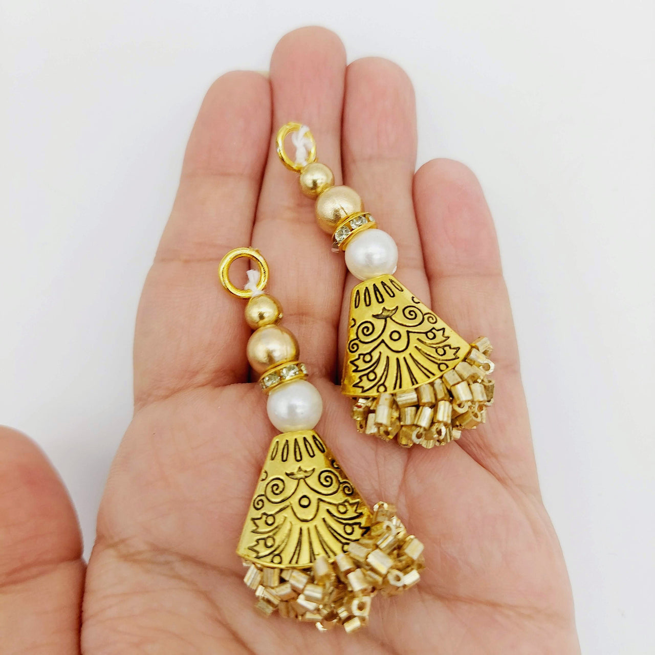 Gold Engraved Flatback Charm Latkan With Beaded Tassels And Pearl Embellishments, Indian Latkans, Gold Beaded Danglers