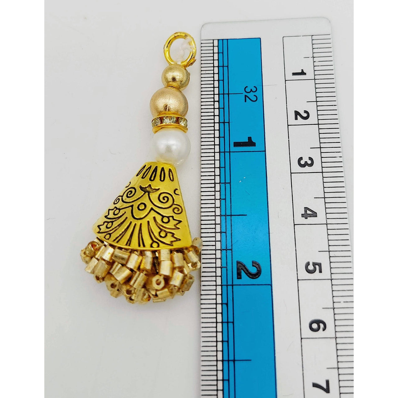 Gold Engraved Flatback Charm Latkan With Beaded Tassels And Pearl Embellishments, Indian Latkans, Gold Beaded Danglers