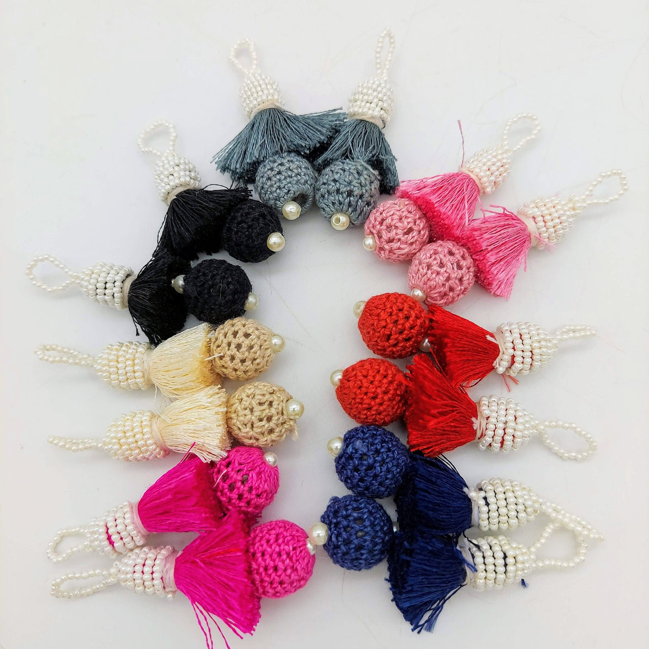 Beige Crochet Ball Tassels With White Pearls Beads, Tassel Charms, Nylon Tassels x 2