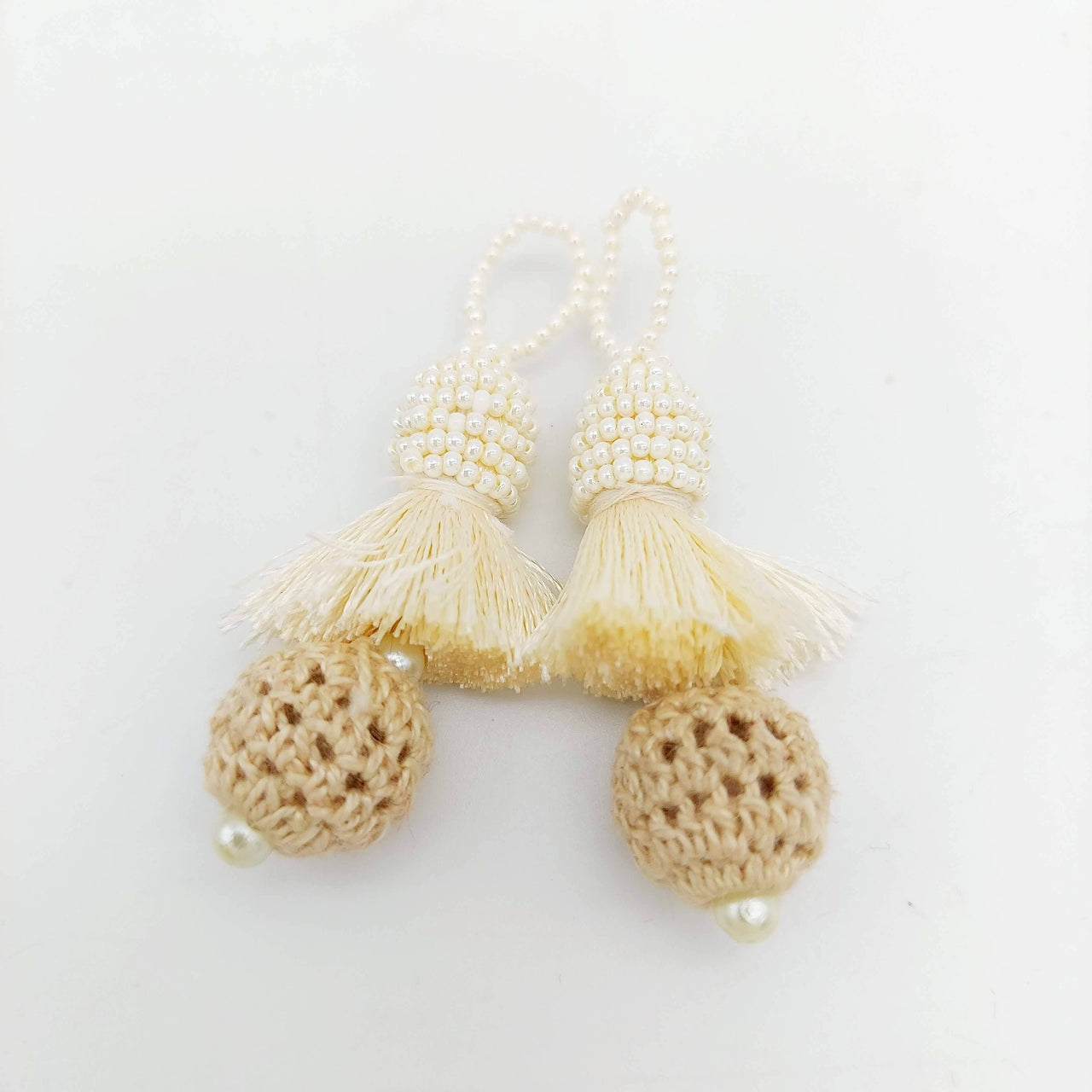 Beige Crochet Ball Tassels With White Pearls Beads, Tassel Charms, Nylon Tassels x 2