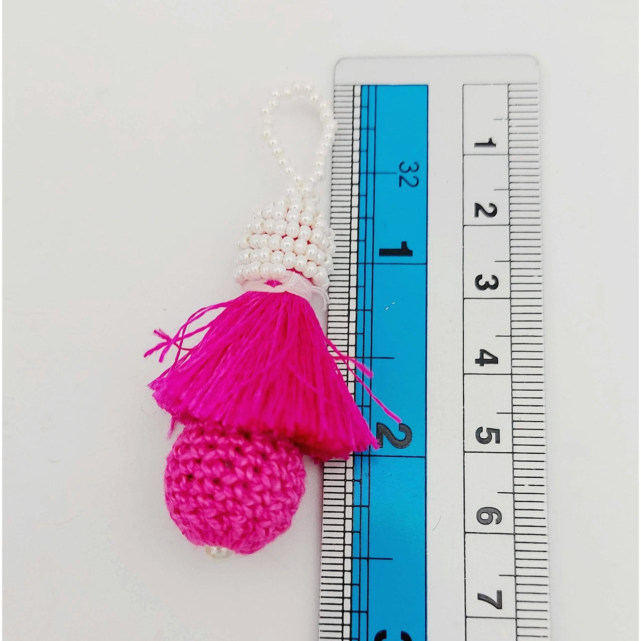 Fuchsia Pink Crochet Ball Tassels With White Pearls Beads, Tassel Charms, Nylon Tassels x 2