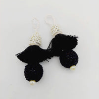 Thumbnail for Black Crochet Ball Tassels With White Pearls Beads, Tassel Charms, Nylon Tassels x 2