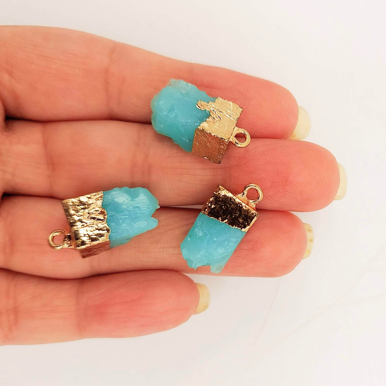 Blue Synthetic Stone Charms with Gold Tone Metal Ring Cap x 5