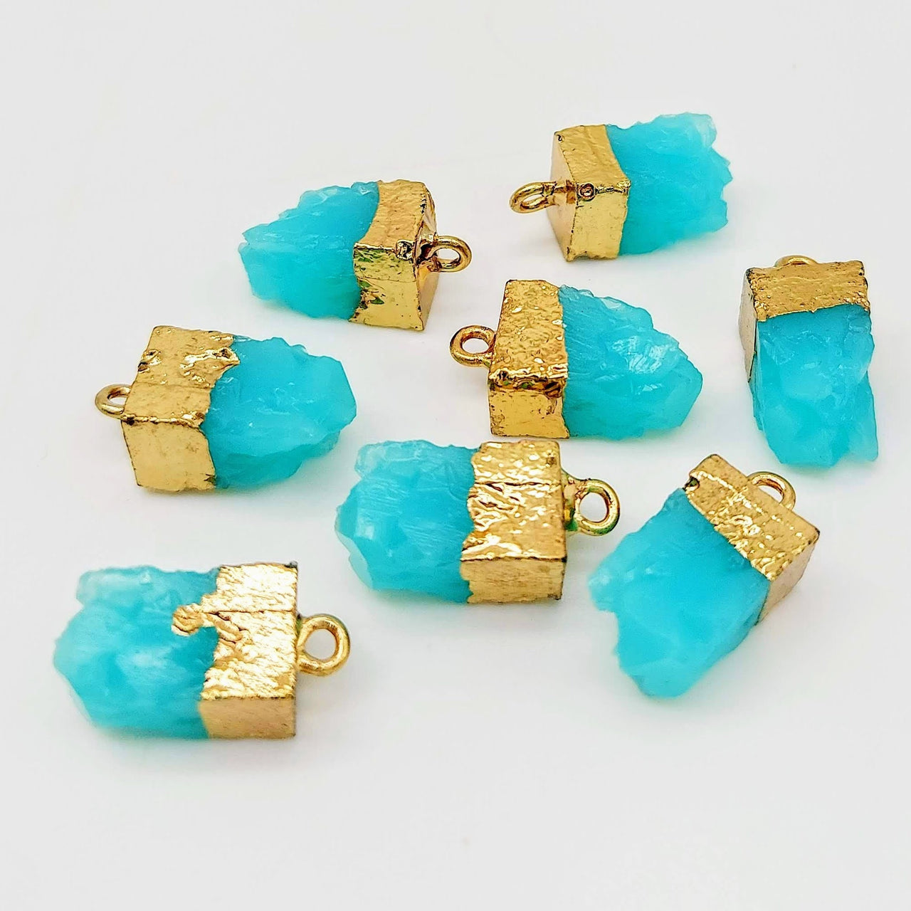 Blue Synthetic Stone Charms with Gold Tone Metal Ring Cap x 5