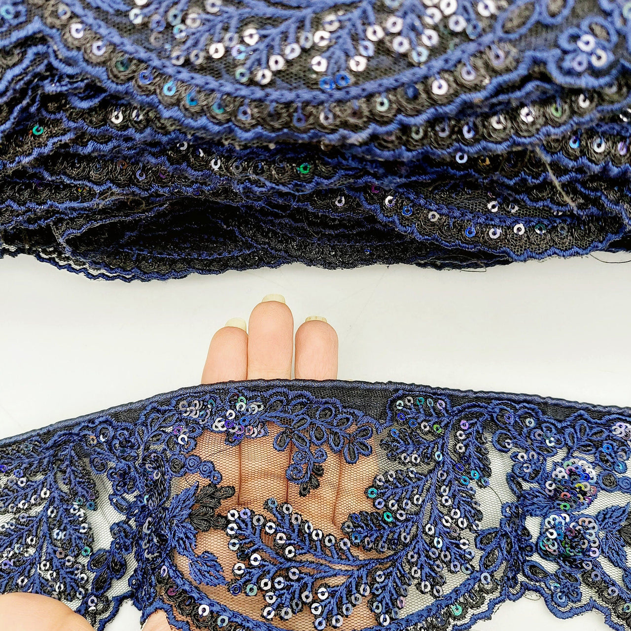 Black Net Scallop Lace Trim with Navy Blue Floral Embroidery With Sequins, Sari Border, Embroidered Trim