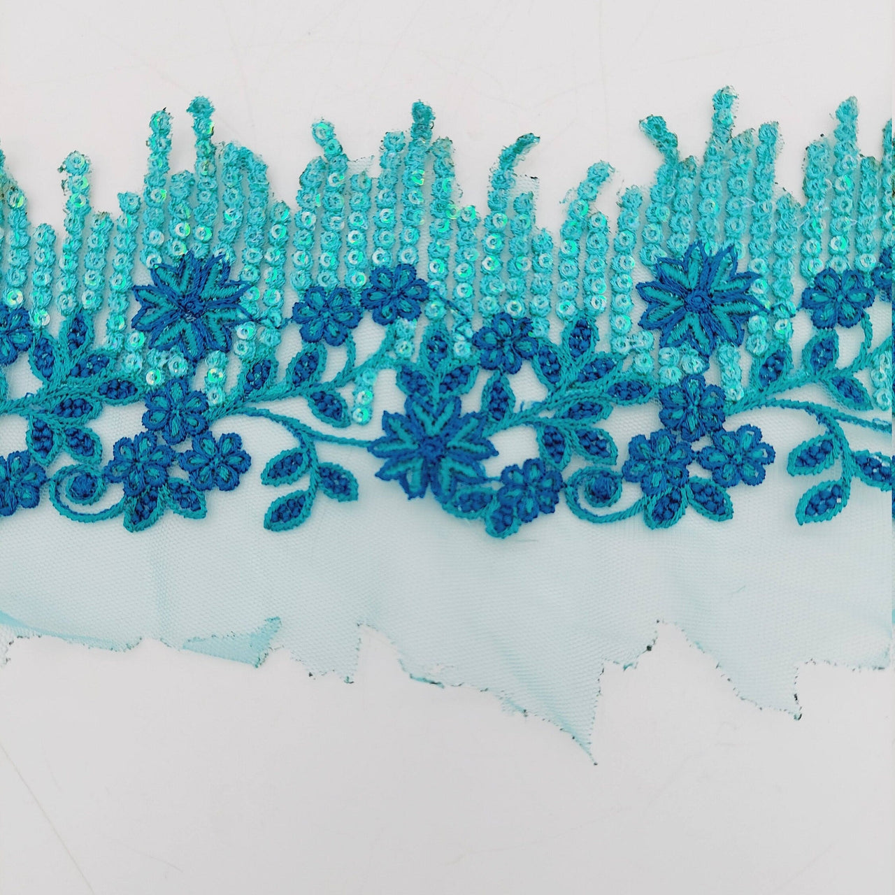 Cyan Blue Net Scallop Lace Trim with Navy Blue Floral Embroidery And Blue Sequins, Sari Border, Embroidered Trim
