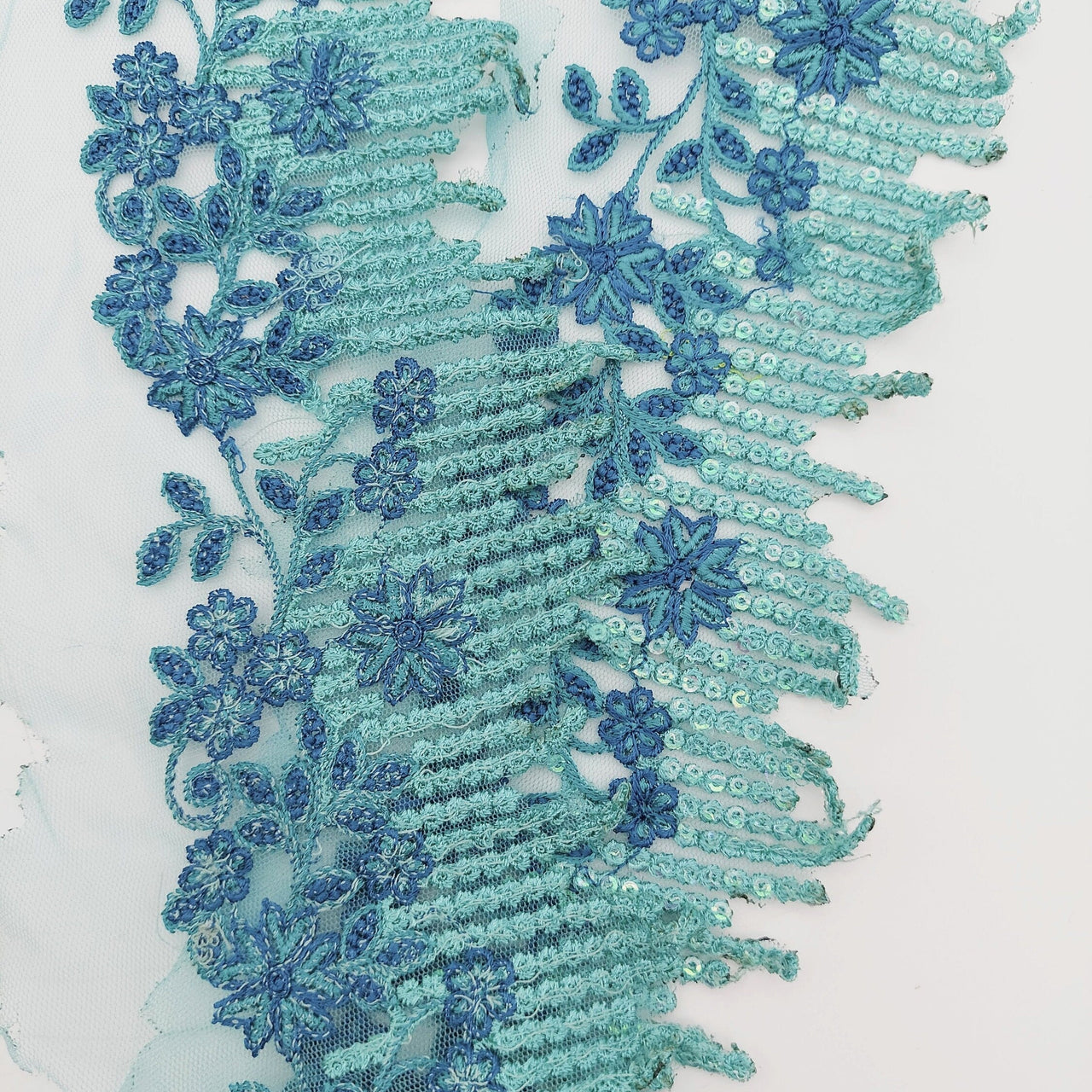 Cyan Blue Net Scallop Lace Trim with Navy Blue Floral Embroidery And Blue Sequins, Sari Border, Embroidered Trim