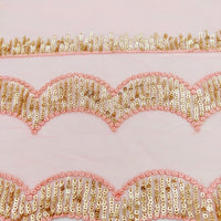 Thumbnail for Salmon Pink Net Scallop Lace Trim with Gold Sequins, Sari Border, Embroidered Trim