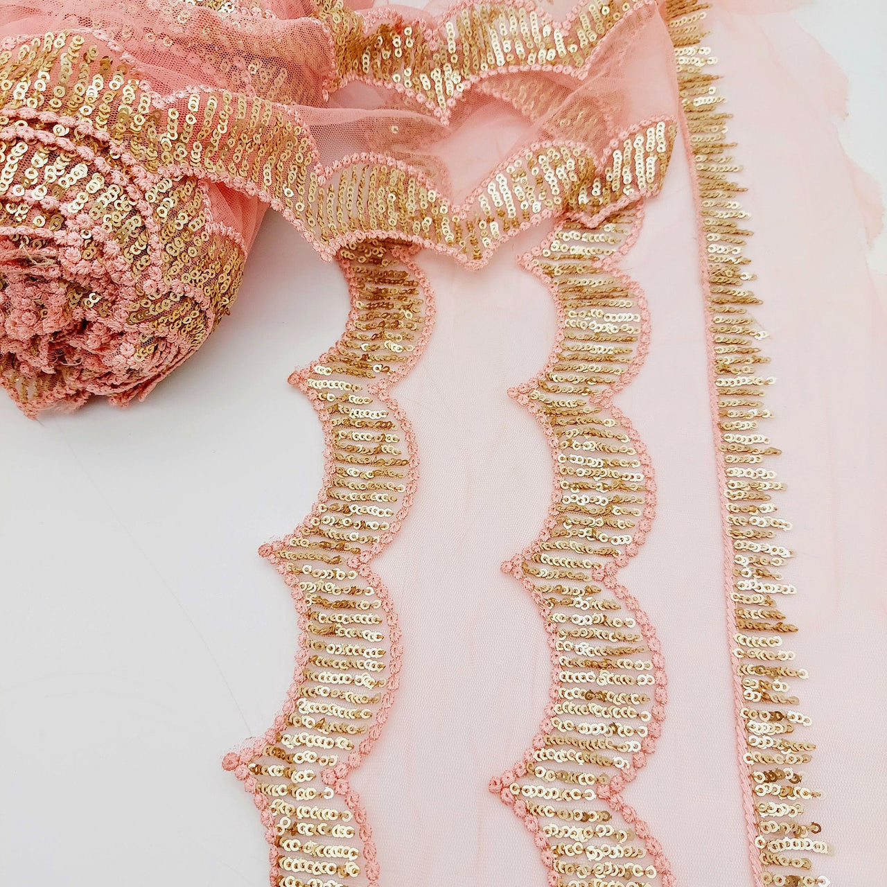 Salmon Pink Net Scallop Lace Trim with Gold Sequins, Sari Border, Embroidered Trim