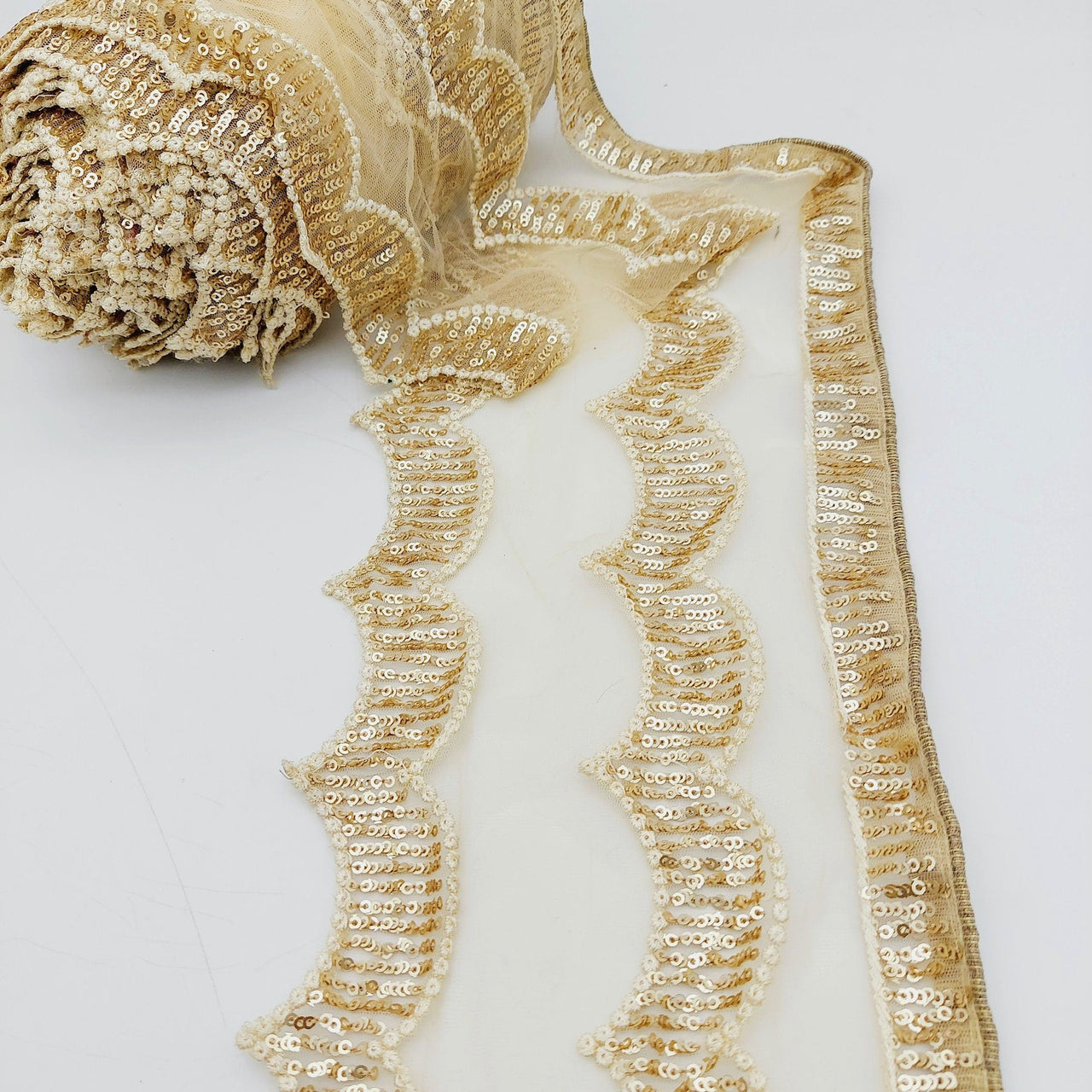 Beige Net Scallop Lace Trim with Gold Sequins, Sari Border, Embroidered Trim