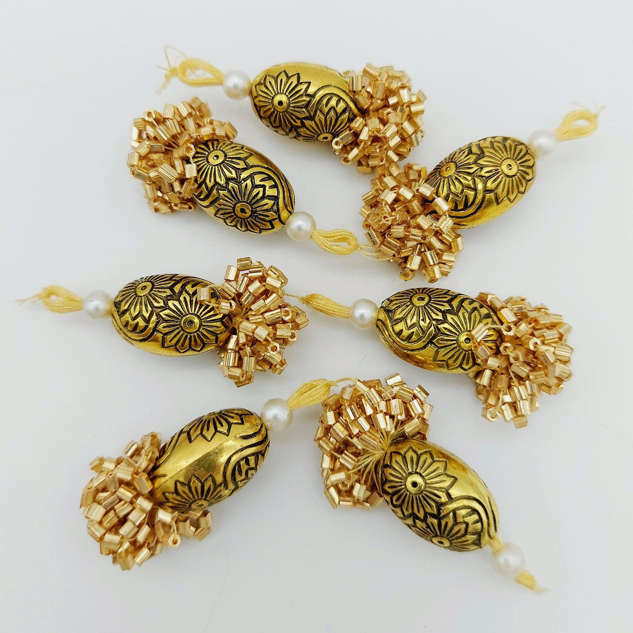 Gold Engraved Flatback Charm Bead, Beaded Tassels Latkan, Indian Latkans