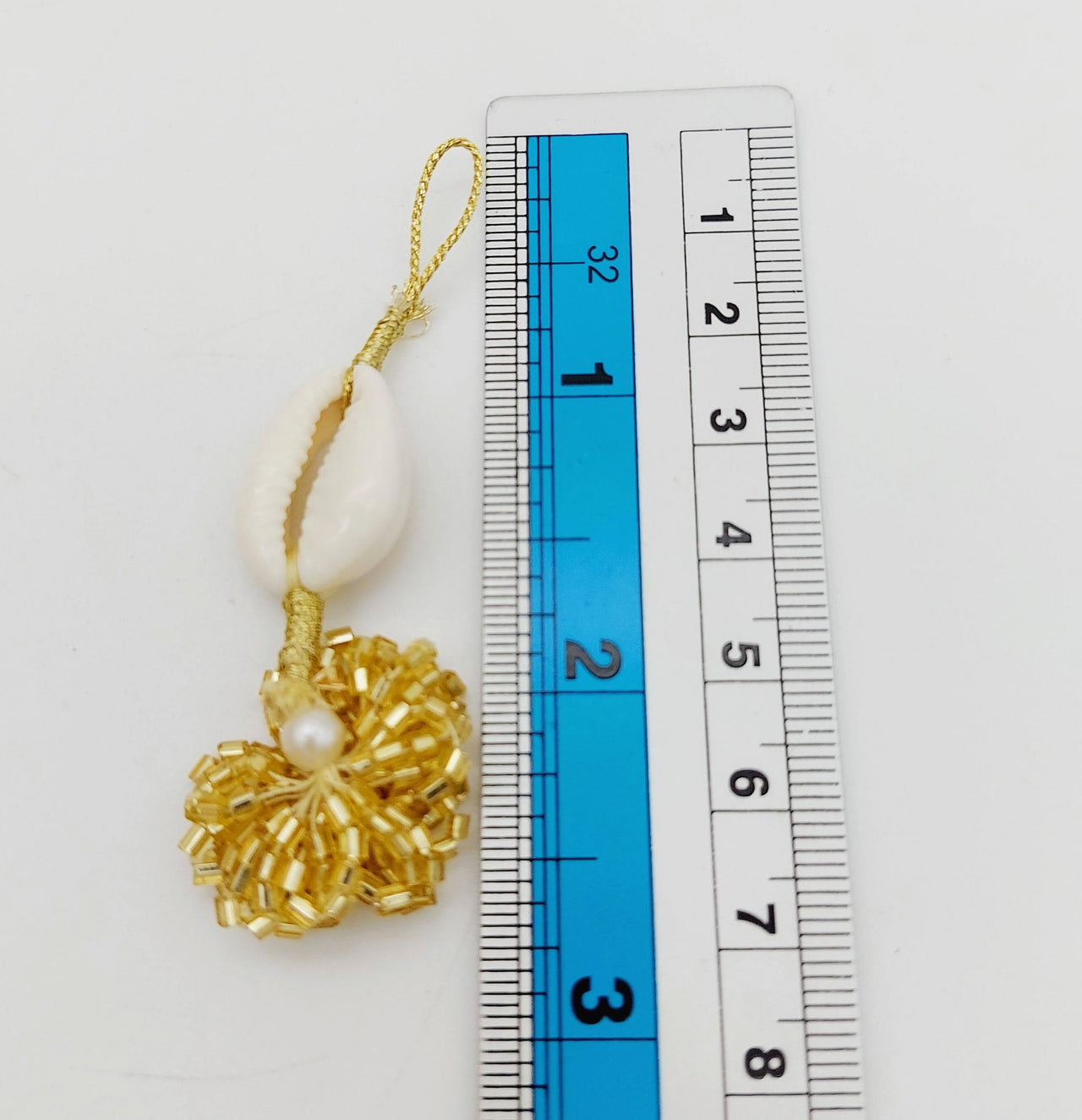 Cowrie Shells Handmade Tassel with Gold Bugle Beads, Boho Tassel Latkan, 1 Pair