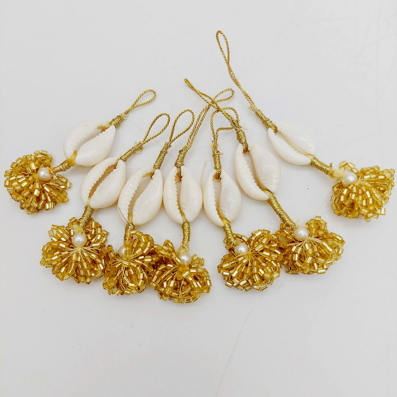 Cowrie Shells Handmade Tassel with Gold Bugle Beads, Boho Tassel Latkan, 1 Pair