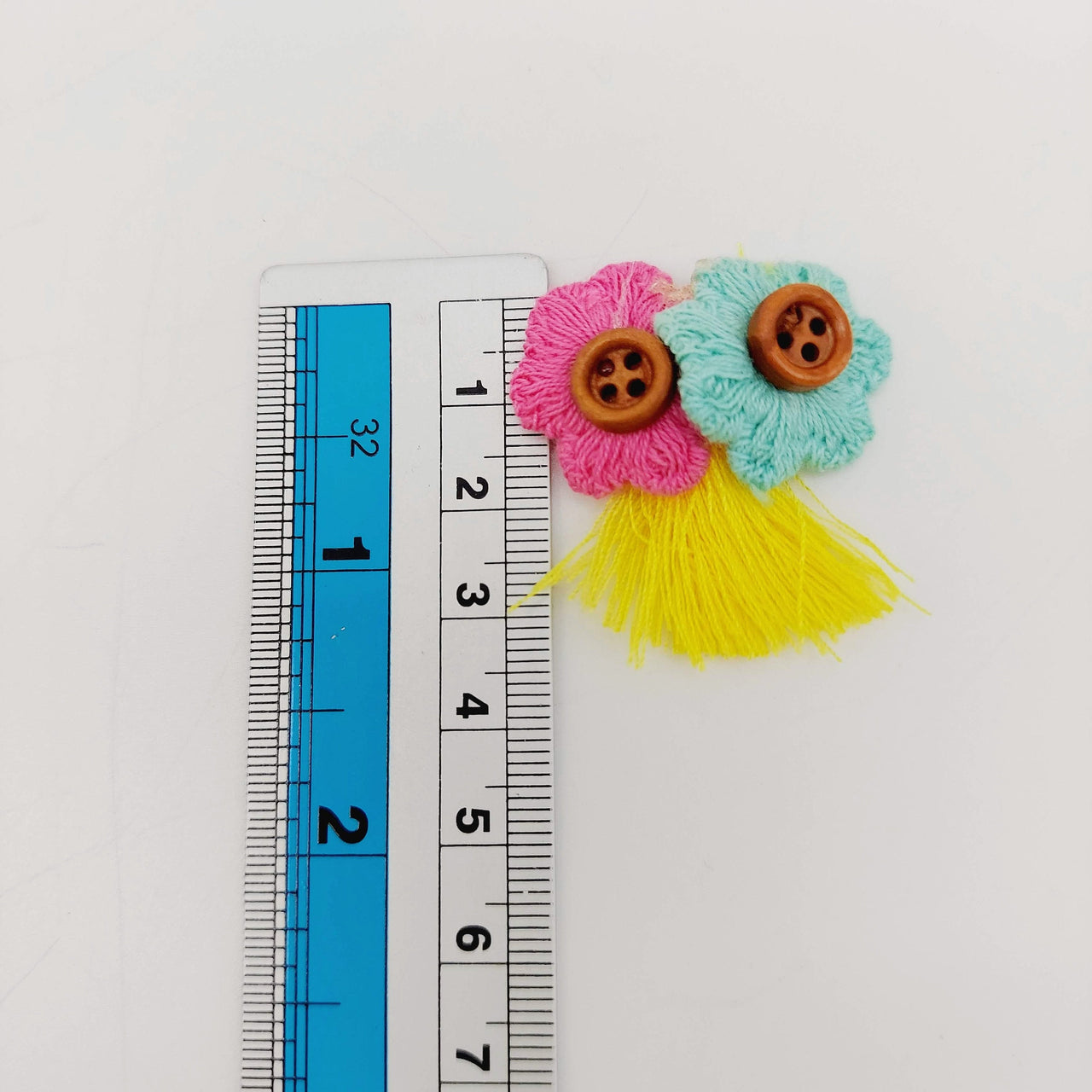Pink and Blue Floral Applique With Wooden Buttons and Yellow Tassel x 2