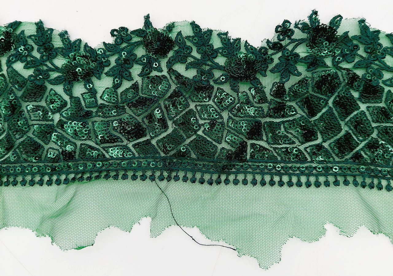 Green Net Lace Trim with Floral Embroidery And Sequins, Sari Border, Embroidered Trim