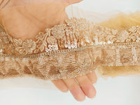 Thumbnail for Gold Net Lace Trim with Floral Embroidery and Sequins, Sari Border, Embroidered Trim