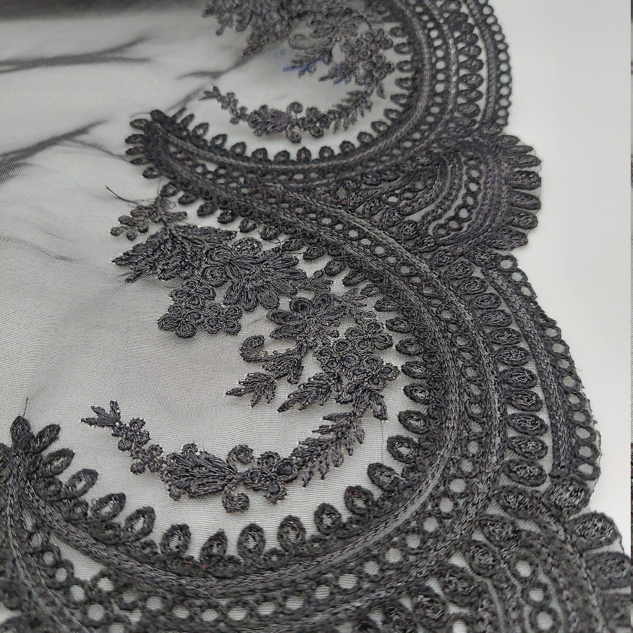Black Organza Fabric Scalloped Cutwork Lace Trim with Floral Embroidery, Sari Border, Embroidered Trim