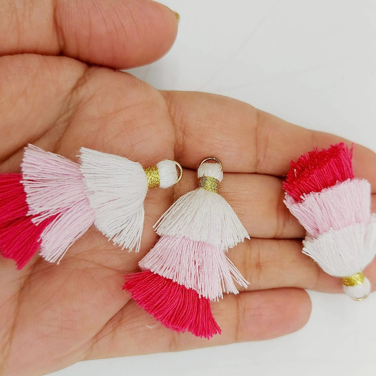 White,Pink and Cerise Pink Small Cotton Tassels in Three Layers With Gold Colour Brass Loop Ring, Tassel Charms x 5