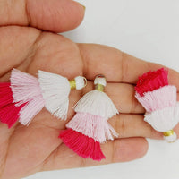 Thumbnail for White,Pink and Cerise Pink Small Cotton Tassels in Three Layers With Gold Colour Brass Loop Ring, Tassel Charms x 5