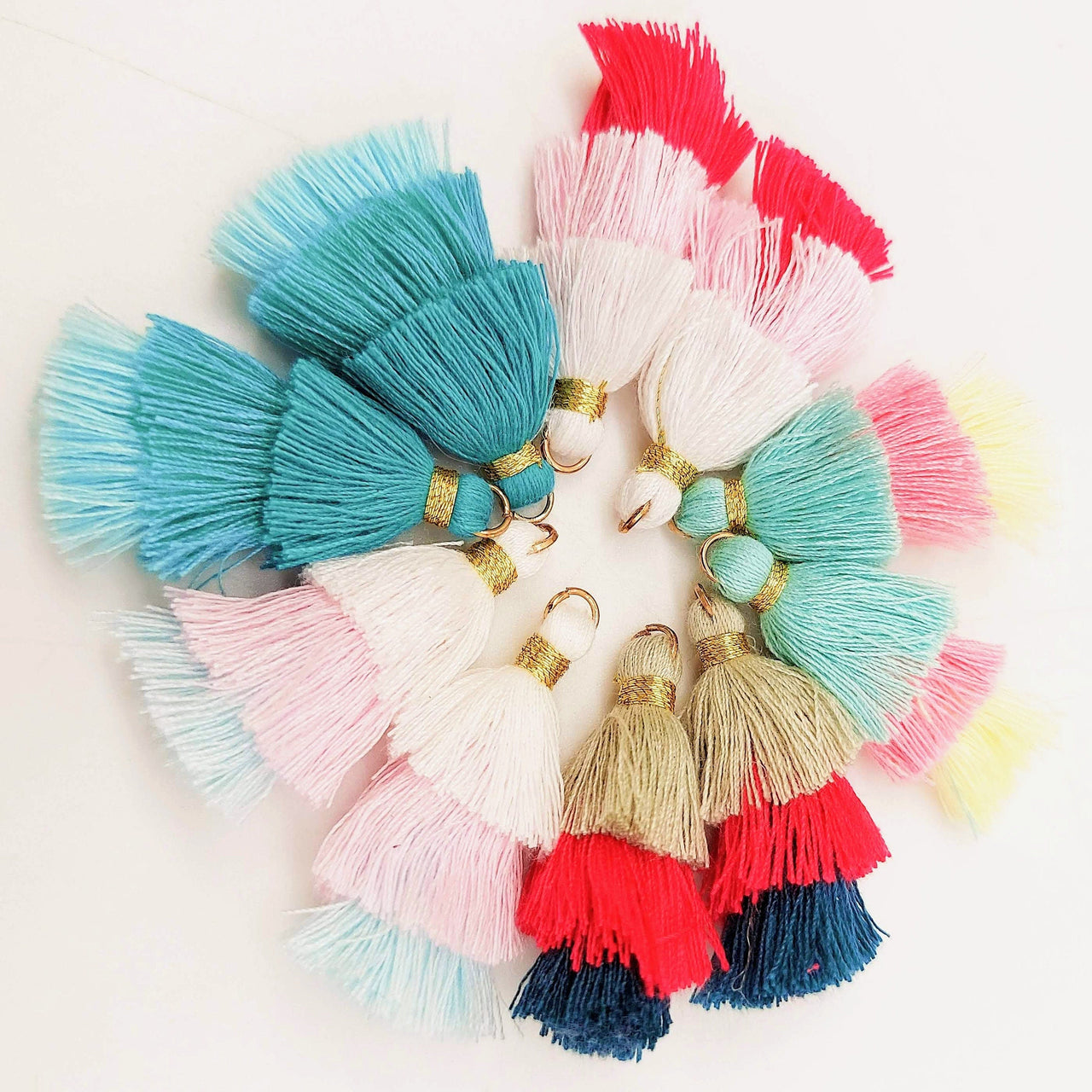 Grey,Pink and Blue Small Cotton Tassels in Three Layers With Gold Colour Brass Loop Ring, Tassel Charms x 5