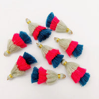 Thumbnail for Grey,Pink and Blue Small Cotton Tassels in Three Layers With Gold Colour Brass Loop Ring, Tassel Charms x 5