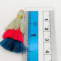 Thumbnail for Grey,Pink and Blue Small Cotton Tassels in Three Layers With Gold Colour Brass Loop Ring, Tassel Charms x 5