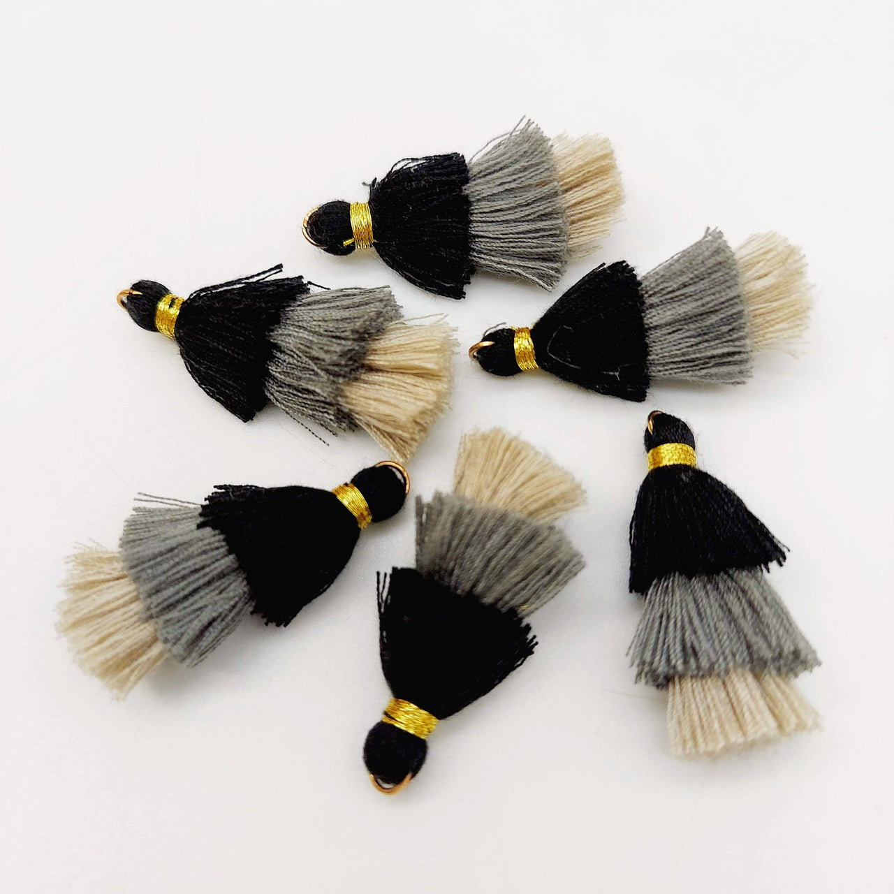 Black, Grey and Beige Small Cotton Tassels in Three Layers With Gold Colour Brass Loop Ring, Tassel Charms x 5