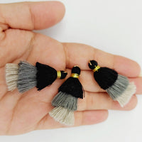 Thumbnail for Black, Grey and Beige Small Cotton Tassels in Three Layers With Gold Colour Brass Loop Ring, Tassel Charms x 5