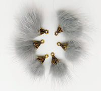 Thumbnail for Grey Artificial Feather Fur Tassel With Brass Cap in Antique Gold Colour, Tassel Charms x 2