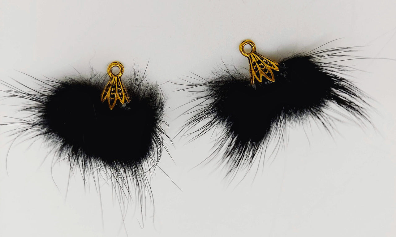 Black Artificial Feather Fur Tassel With Brass Cap in Antique Gold Colour, Tassel Charms x 2