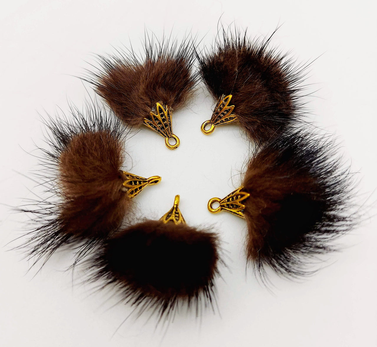 Brown Artificial Feather Fur Tassel With Brass Cap in Antique Gold Colour, Tassel Charms x 2