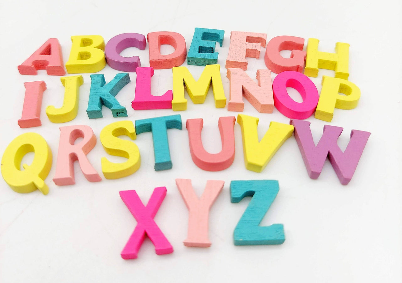Mixed Multicoloured Alphabet Wood Beads, Random A-Z Beads, Set of 50