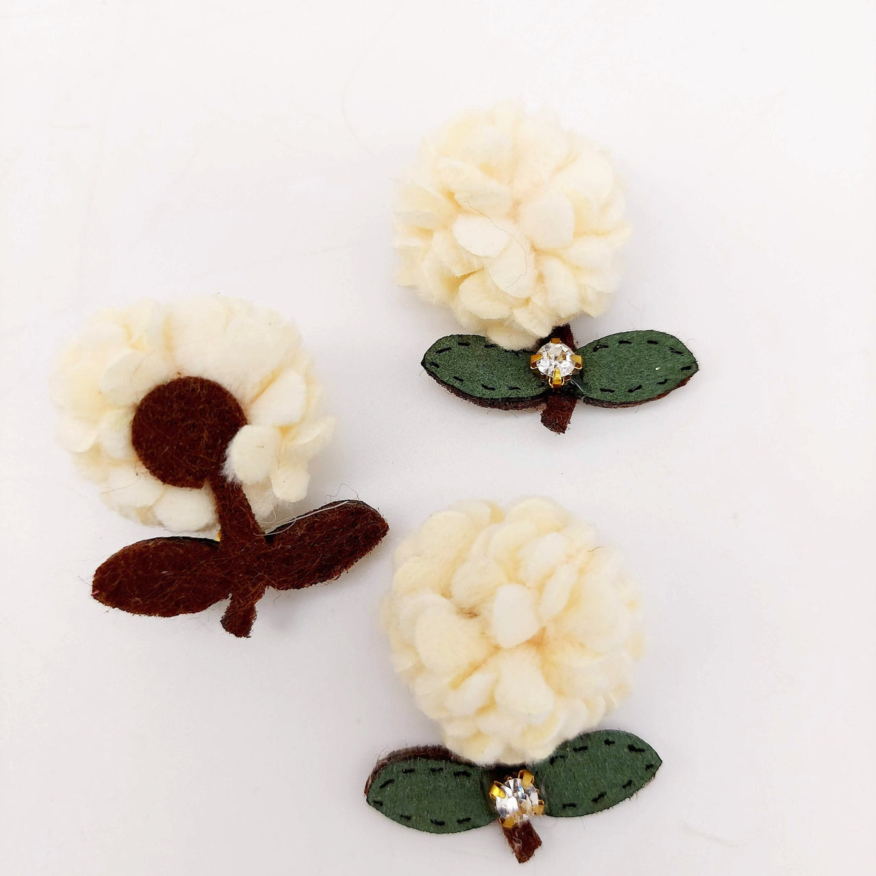 Beige and Green Floral Applique with Rhinestone, Flower Motifs x 2