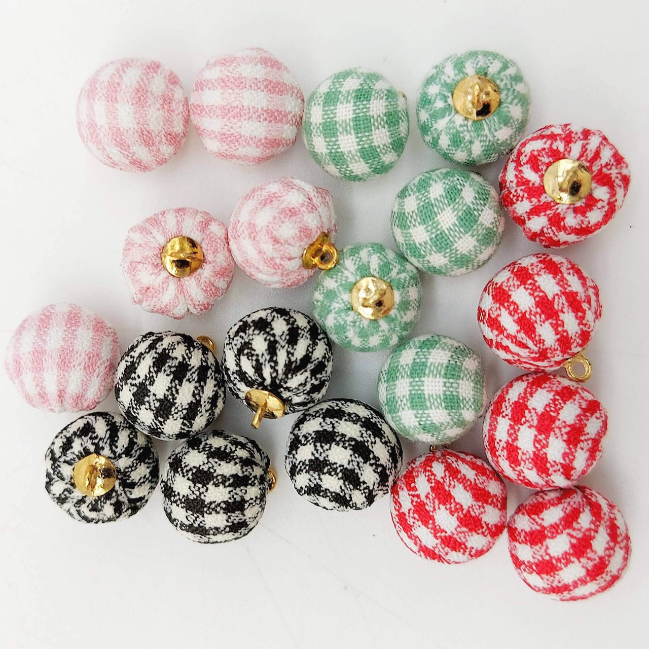 Green and White Checkered Cotton Small Fabric Balls Tassel, Button with Ring Cap, Decorative Tassels