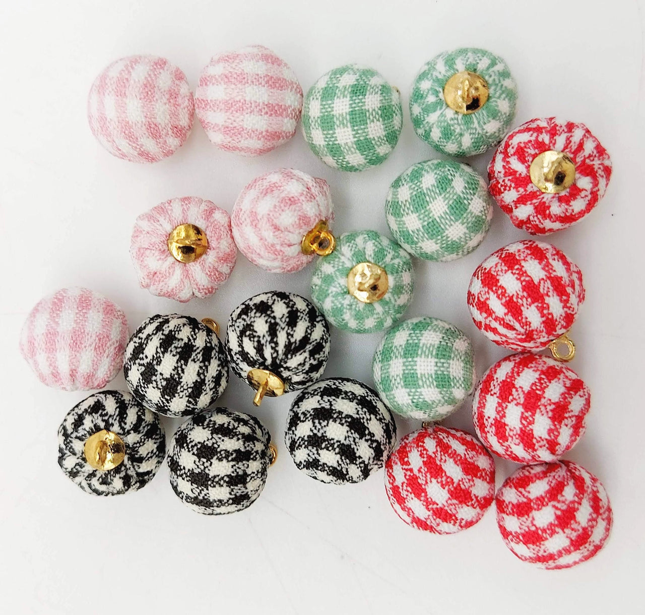 Pink and White Checkered Cotton Small Fabric Balls Tassel, Button with Ring Cap, Decorative Tassels