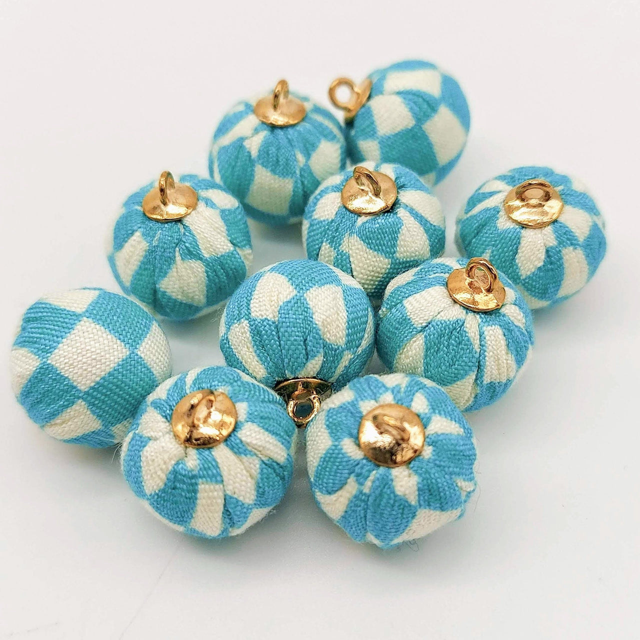 Blue and White Checkered Cotton Fabric Balls Tassel, Button with Ring Cap, Decorative Tassels