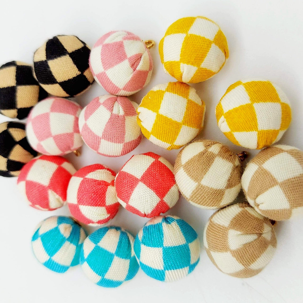 Brown and White Checkered Cotton Fabric Balls Tassel, Button with Ring Cap, Decorative Tassels