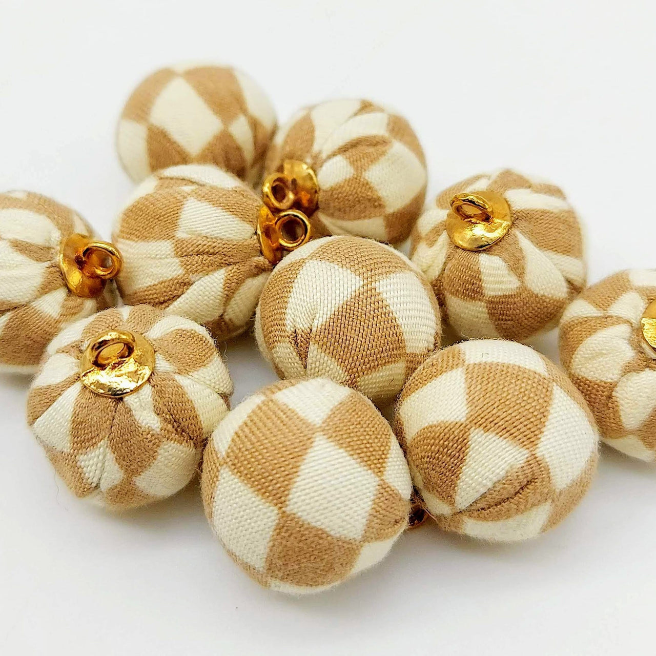 Brown and White Checkered Cotton Fabric Balls Tassel, Button with Ring Cap, Decorative Tassels