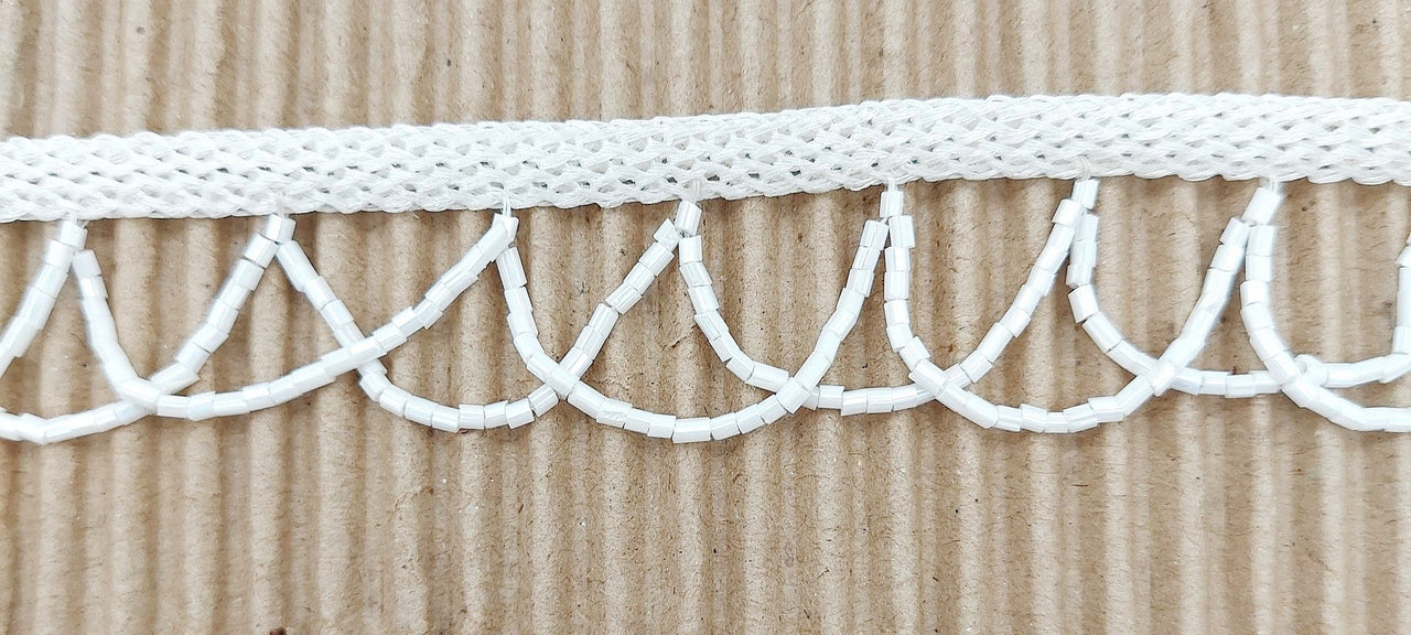White Hand Embroidered Fringe Lace Trim With White Bugle Beads, Fringe Trim, Beaded Fringing