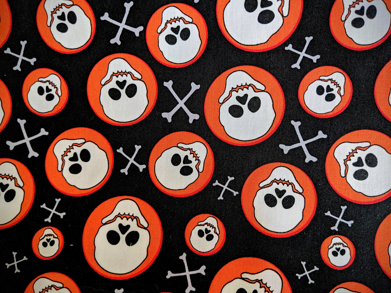 Orange, Black And White Skull Cotton Fabric, Halloween Fabric