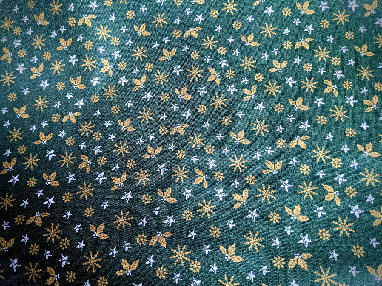 Green Cotton Holly Leaves Snowflakes Christmas Fabric, Festive Fabric, Holiday Fabric