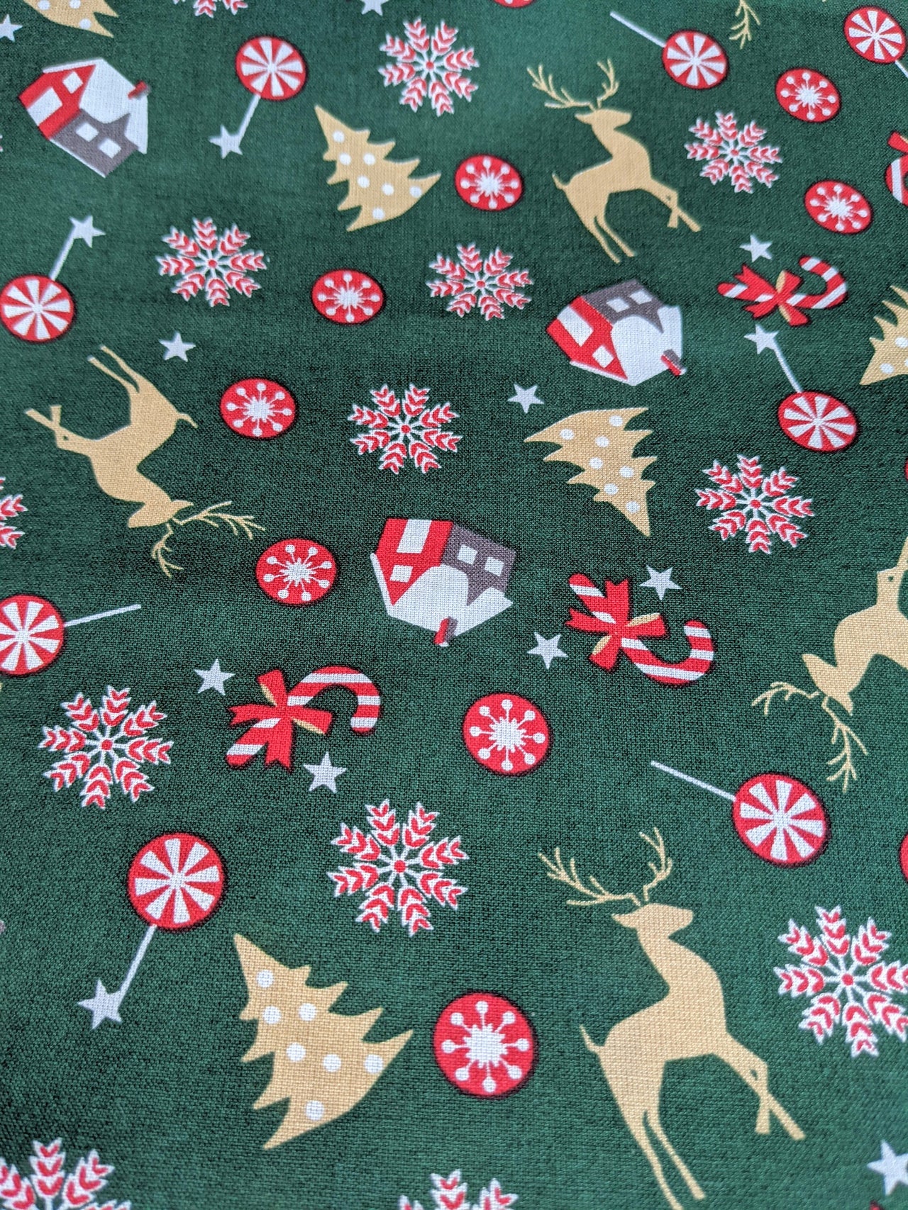 Bottle Green Christmas Trees Snowflakes Candy Cane and Reindeers 100% Cotton Christmas Fabric, Festive Fabric, Holiday Fabric